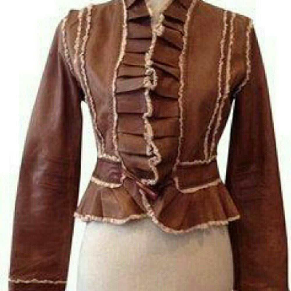 Brown Ruffled Women's Jacket - Picture 3 of 12